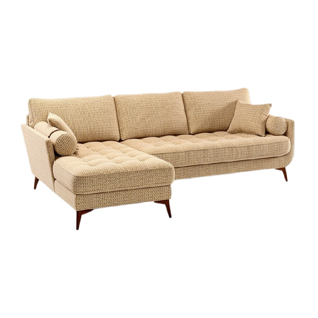 Luxe beige bank met chaise longue en kussens